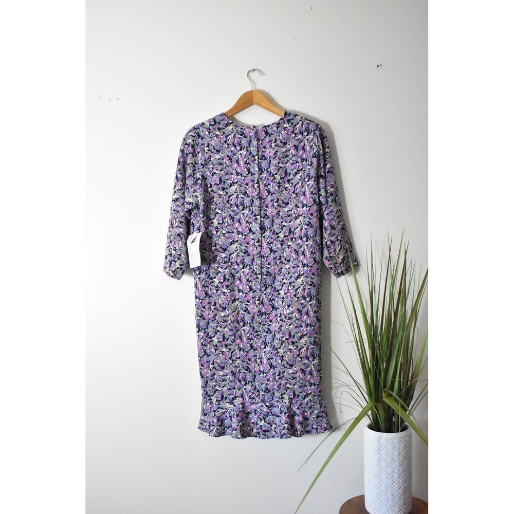 Vintage Floral Shift Dress Womens L Purple 80s Ruffle Hem Pockets Midi - Picture 7 of 8